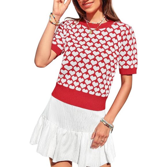 Sweaters - Women Puff Sleeve Sweater Cropped Knit Top Valentine's Day Cute Heart